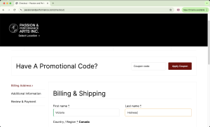 Screenshot of P and P's costume shop billing and shipping webpage.