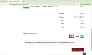 Screenshot of P and P's costume shop cart webpage showing