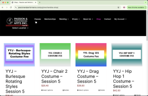 Screenshot of Passion and Performance's Shop webpage.